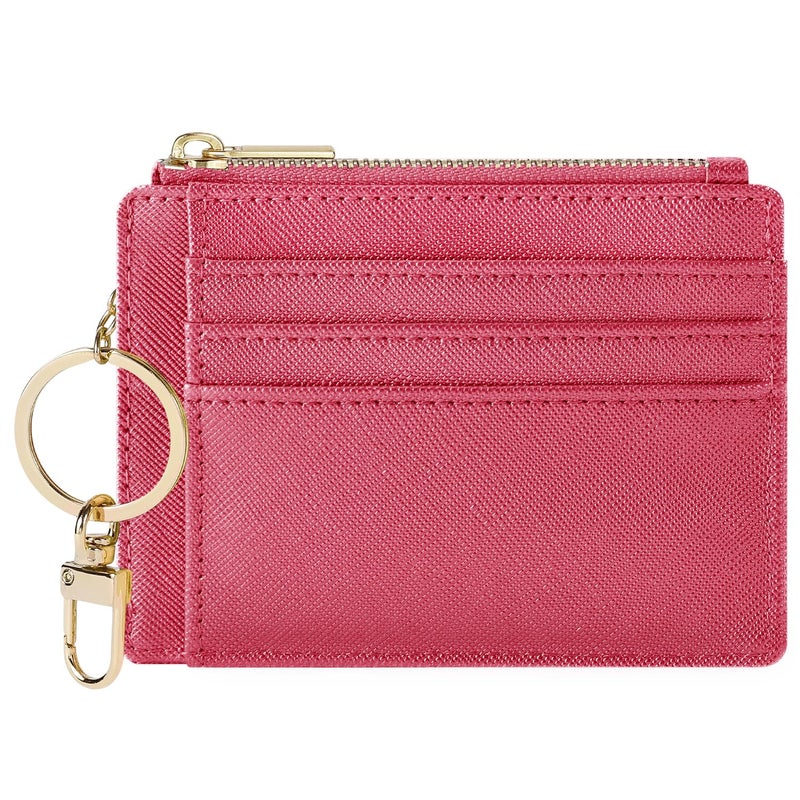 Sodsay Card Case Slim Front Pocket Wallet for Women Credit Card Holder with Keychain(CH Rose Red) - Image 1
